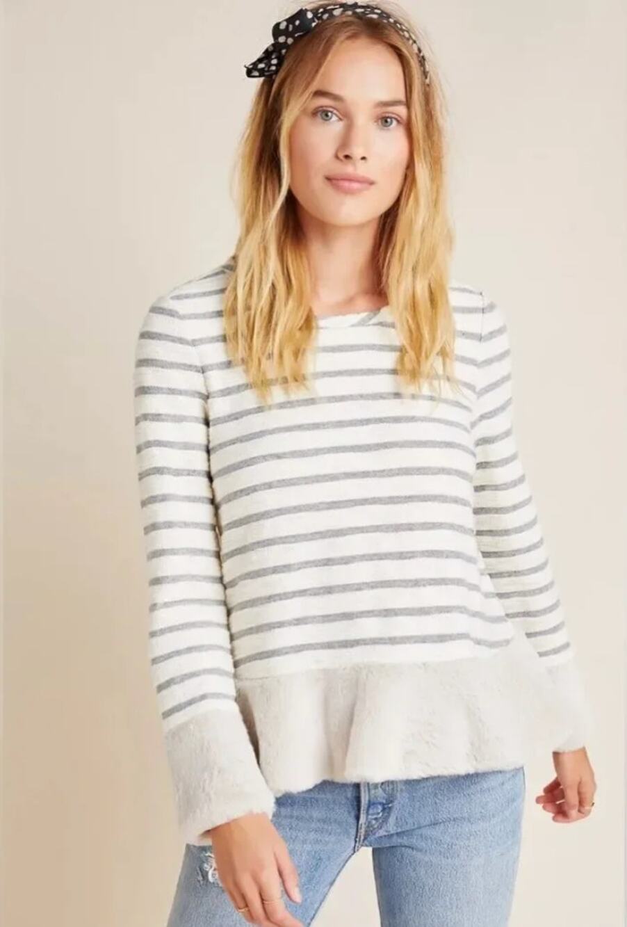 Anthropologie Maeve Astor Fur-Trimmed Pullover Grey Motif Size S